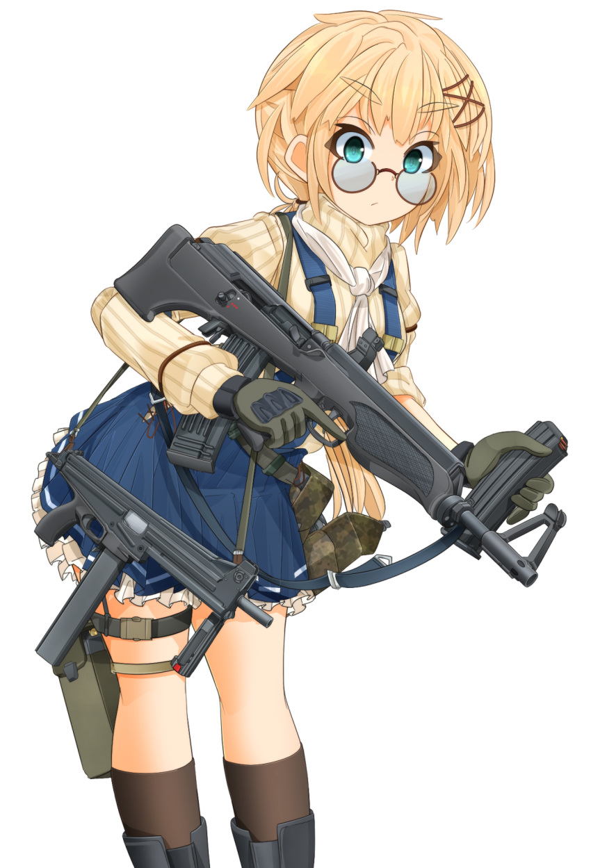 1girl, ascot, assault_rifle, bangs, belt, black_footwear, black_gloves, black_legwear, blonde_hair, blue_skirt, boots, brown-framed_eyewear, carrying, closed_mouth, commentary_request, eyebrows_visible_through_hair, frilled_skirt, frills, gloves, gun, hair_ornament, highres, holding, holding_gun, holding_magazine_(weapon), holding_weapon, jatimatic, kneehighs, leaning_forward, long_sleeves, looking_at_viewer, magazine_(weapon), medium_hair, mikeran_(mikelan), miniskirt, original, rifle, round_eyewear, short_ponytail, simple_background, skirt, sniper_rifle, solo, standing, submachine_gun, sunglasses, suspender_skirt, suspenders, sweater, thigh_pouch, thigh_strap, trigger_discipline, utility_belt, weapon, white_background, white_neckwear, white_sweater, x_hair_ornament