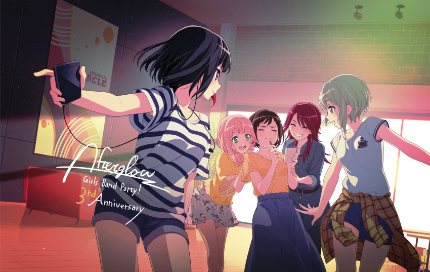 5girls, afterglow_(bang_dream!), aoba_moca, bang_dream!, black_hair, blue_skirt, casual, closed_eyes