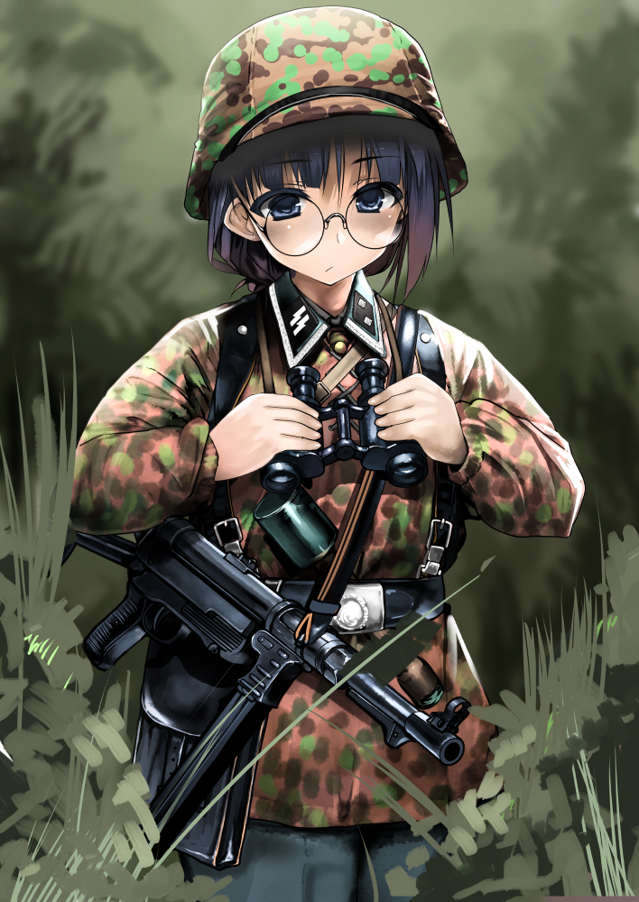 1girl, binoculars, blue_eyes, blue_hair, camouflage, glasses, gloves, gradient_hair