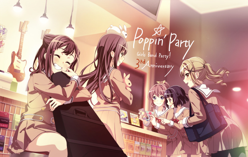 5girls, animal_ears, bag, bang_dream!, bang_dream!_girls_band_party!, black_hair, blue_eyes, brown_eyes