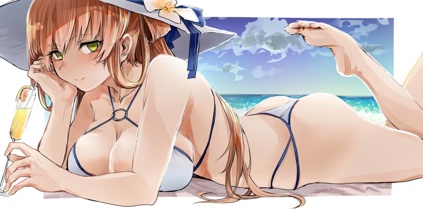 1girl, absurdres, beach, bikini, blush, breasts, brown_hair, cheek_rest