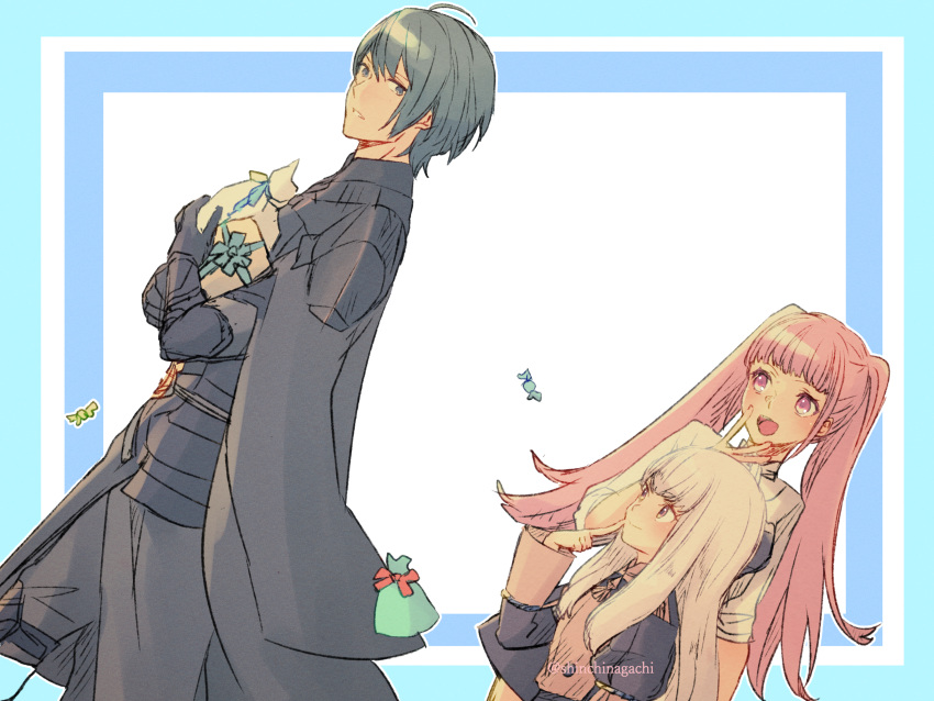 1boy, 2girls, armor, blue_eyes, blue_hair, box, byleth_(fire_emblem), byleth_eisner_(male)