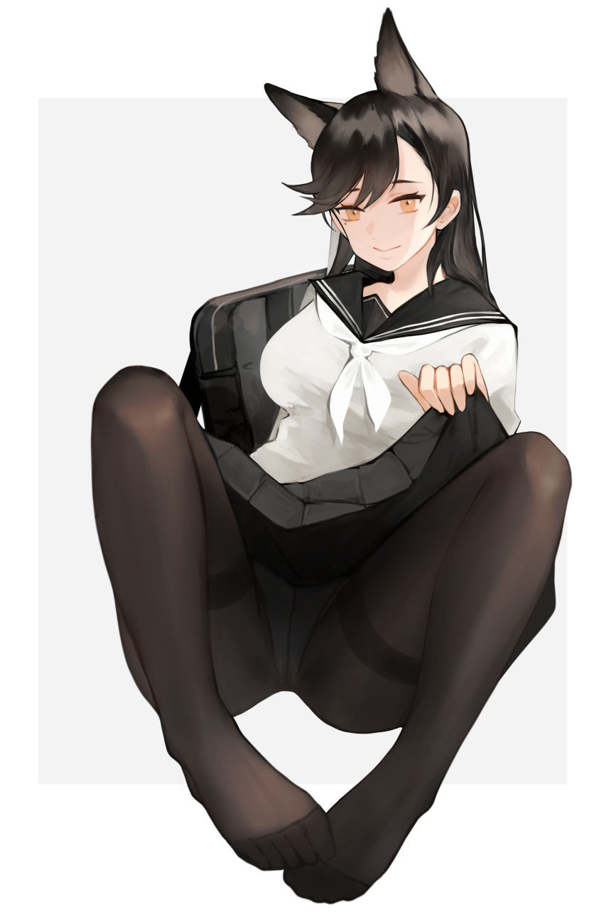 1girl, absurdres, animal_ears, atago_(azur_lane), atago_(school_daydream)_(azur_lane), azur_lane, bag, black_hair, black_legwear, breasts, cl_(summer_sama), feet, highres, legs, long_hair, looking_at_viewer, orange_eyes, panties, panties_under_pantyhose, pantyhose, pantyshot, school_bag, school_uniform, sitting, sitting_on_lap, sitting_on_person, skirt, skirt_hold, skirt_lift, smile, solo, underwear, white_background