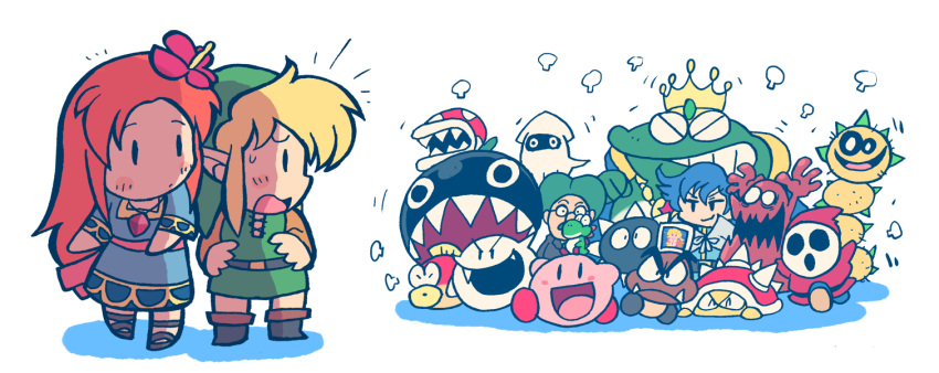 1girl, 3boys, anti-kirby, blonde_hair, blooper, blue_dress, blush, boo