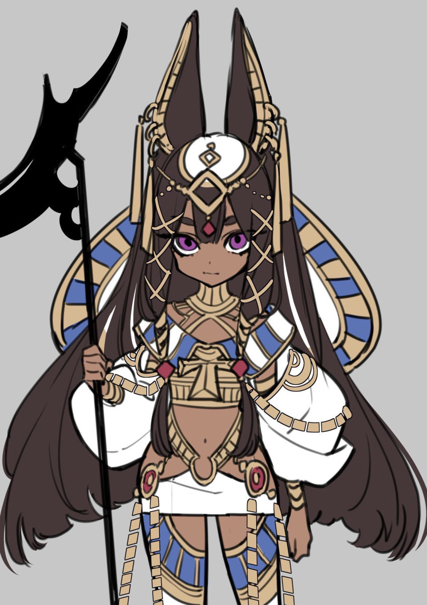 1girl, animal_ears, ankh, anubis_(westxost), arm_at_side, big_hair, bracelet, brown_hair, closed_mouth, collar, contrapposto, cowboy_shot, dark_skin, diadem, earrings, ears_up, grey_background, highres, holding, jackal_ears, jewelry, long_hair, long_sleeves, looking_at_viewer, navel, original, puffy_long_sleeves, puffy_sleeves, simple_background, solo, staff, standing, thigh-highs, very_long_hair, violet_eyes, westxost_(68monkey)