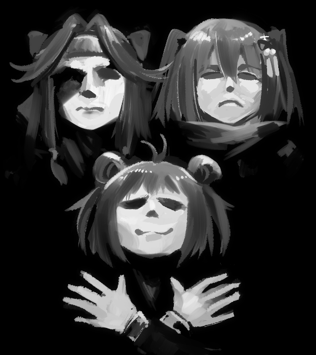 3girls, antenna_hair, bangs, black_background, black_hair, bohemian_rhapsody, double_bun, forehead_protector