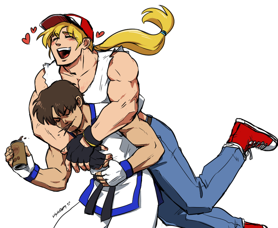 2boys, baseball_cap, blonde_hair, denim, fatal_fury, fingerless_gloves, gloves, hat, heart, jeans, kim_kaphwan, long_hair, multiple_boys, nyattoberry, pants, ponytail, shirt, sleeveless, terry_bogard, white_shirt