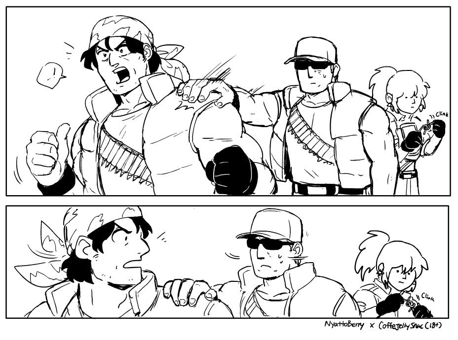 1girl, 2boys, bandana, bullet, clark_still, hand_on_another's_shoulder, leona_heidern, multiple_boys
