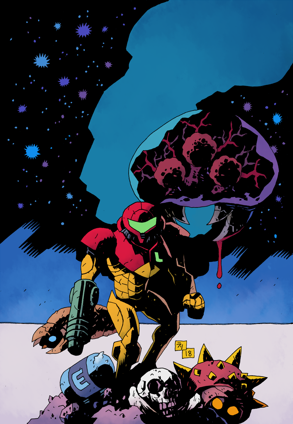 1girl, blood, clenched_hand, dated, facing_viewer, hand_cannon, hellboy_(comic), helmet