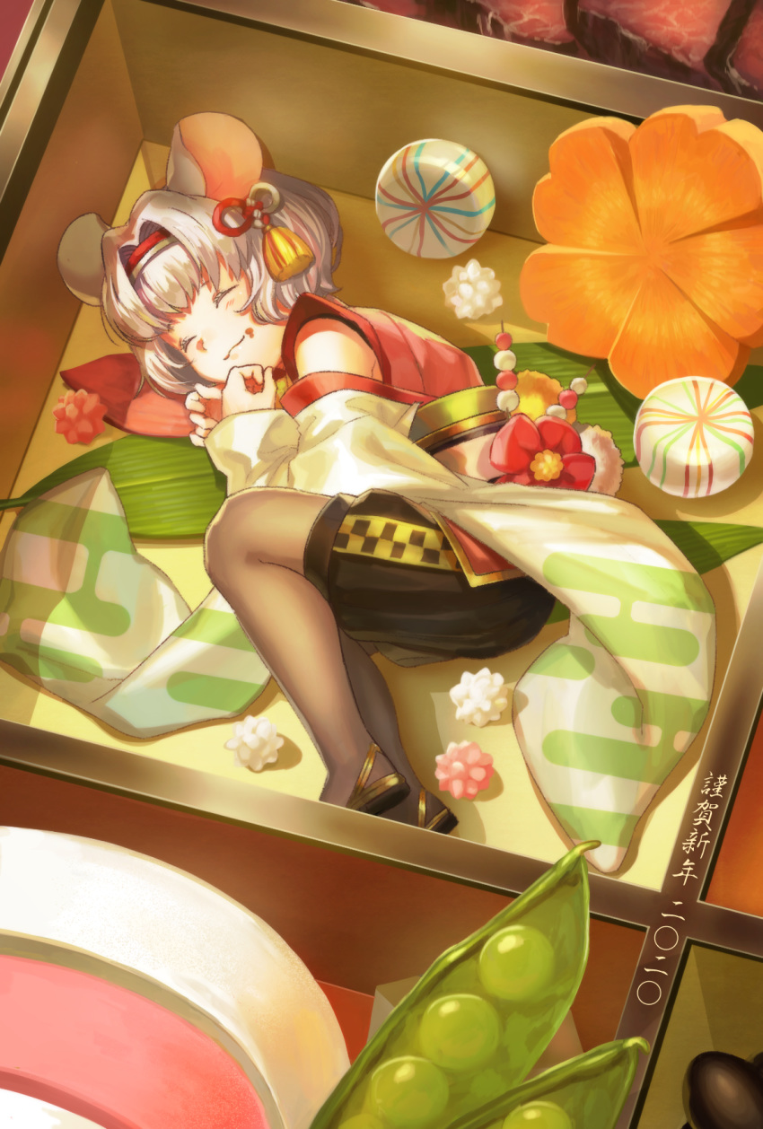 animal_ears, closed_eyes, dated, detached_sleeves, edamame_(food), egasumi, grey_hair, hair_intakes