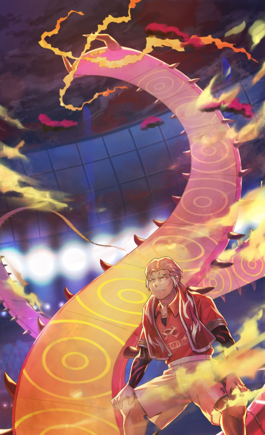 1boy, centiskorch, fire, floodlights, gen_8_pokemon, gigantamax, gigantamax_centiskorch, gym_leader