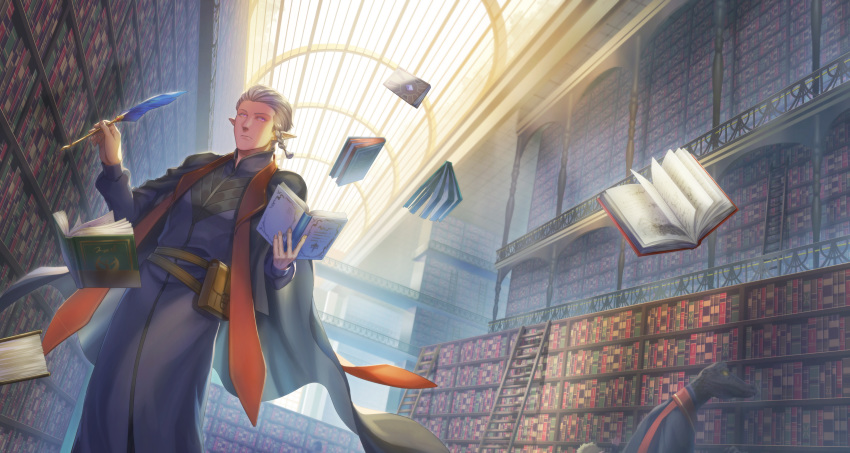 1boy, absurdres, book, bookshelf, cape, day, floating, floating_object