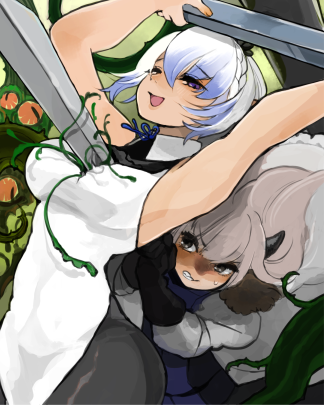 :d, black_gloves, braid, day, fur_trim, gloves, grey_eyes, grey_hair, hervarar, holding, holding_sword, holding_weapon, horns, impaled, leotard, long_hair, niggurath_the_ancient_tree_branch, open_mouth, outdoors, pixiv_fantasia, pixiv_fantasia_last_saga, rirukopf, short_hair, sleeveless, smile, sweatdrop, sword, violet_eyes, weapon, white_hair