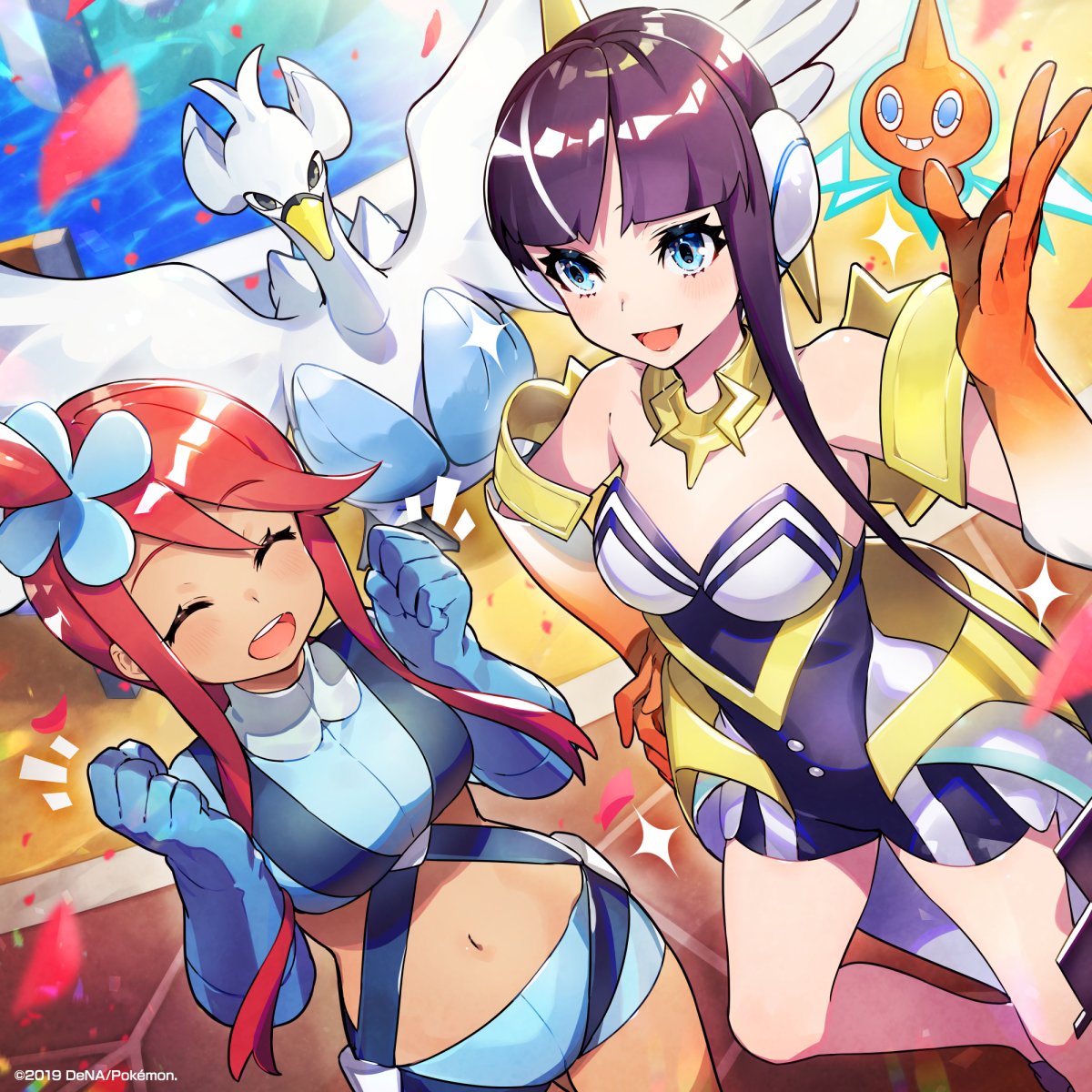 2girls, asymmetrical_hair, bare_shoulders, black_hair, blue_eyes, breasts, closed_eyes, elbow_gloves
