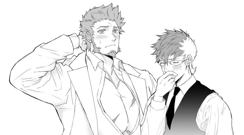 2boys, alternate_costume, alternate_hairstyle, beard, blush, chest, facial_hair, fate/grand_order