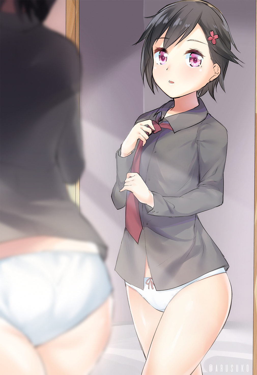 1girl, artist_name, arusuko, black_hair, black_shirt, dressing, flower, hair_flower