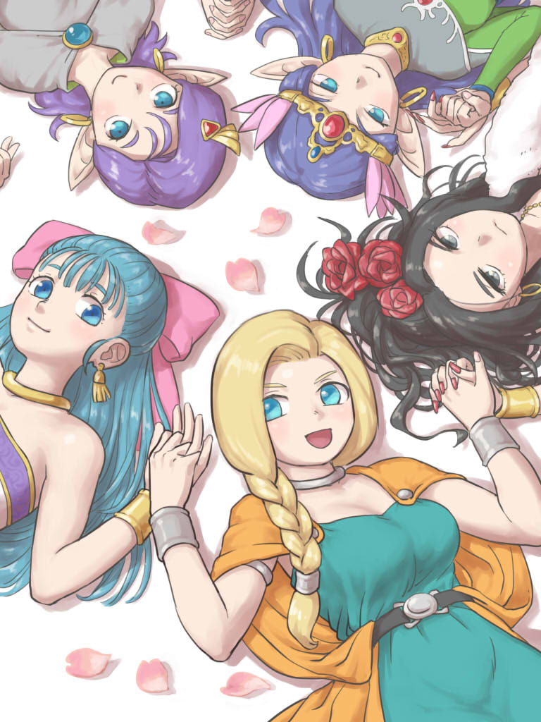 5girls, :d, arinsu_(kodamamaimai), bella_(dq5), bianca, black_hair, blonde_hair, blue_eyes