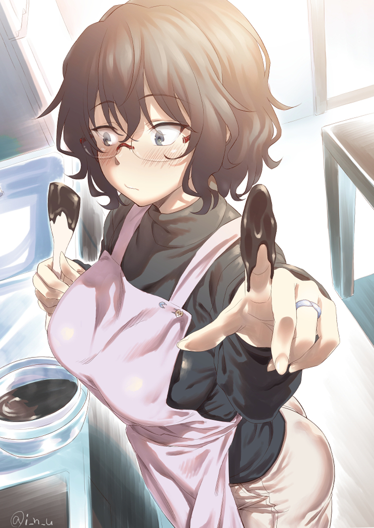 1girl, black_eyes, black_hair, black_shirt, blush, bowl, casual, chocolate