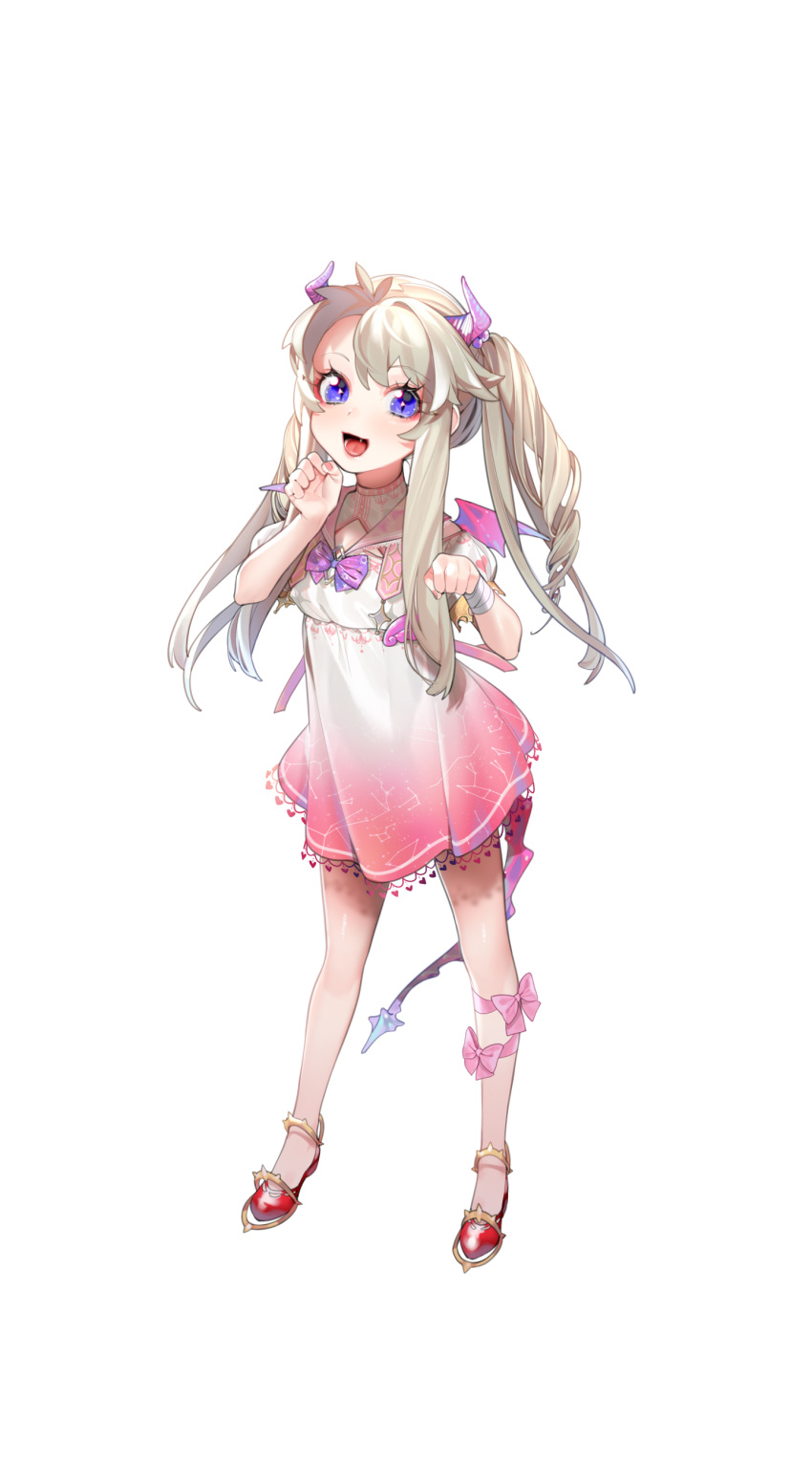 1girl, :d, absurdres, blonde_hair, bow, bowtie, child, demon_horns
