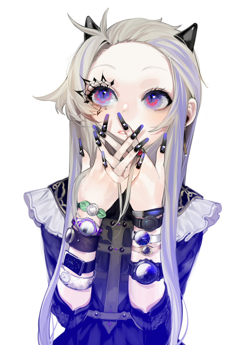 1girl, absurdres, black_dress, black_nails, dress, eyelashes, eyes, facial_mark, fingernails, forehead, grey_hair, hair_slicked_back, hand_to_own_mouth, hands_up, herme_(ohisashiburi), highres, horns, interlocked_fingers, light_blush, long_fingernails, long_sleeves, looking_up, multicolored, multicolored_eyes, multicolored_hair, multicolored_nails, nail_art, ohisashiburi, original, own_hands_together, parted_lips, pink_eyes, purple_hair, purple_nails, short_hair_with_long_locks, sidelocks, simple_background, slit_pupils, solo, too_many, too_many_wristwatches, two-tone_hair, upper_body, violet_eyes, watch, watch, white_background, wristband