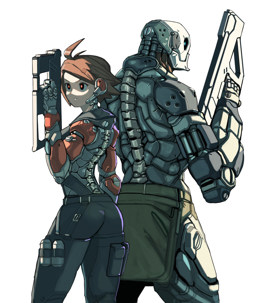 1boy, 1girl, absurdres, ahoge, android, back-to-back, backless_outfit, brown_eyes