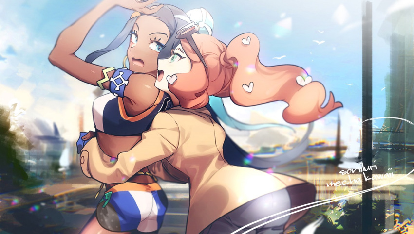 2girls, aqua_eyes, armlet, ass, bangs, bare_shoulders, beige_coat, belly_chain
