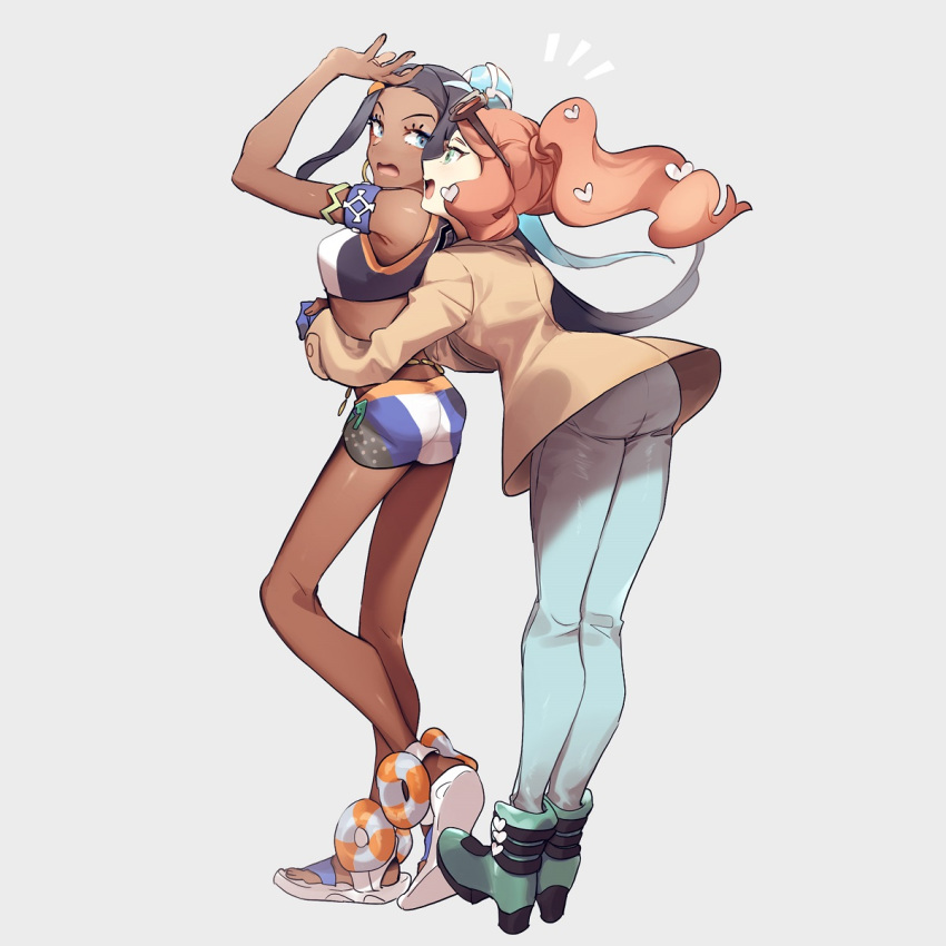 2girls, aqua_eyes, armlet, ass, bangs, bare_shoulders, beige_coat, belly_chain, black-framed_eyewear, black_hair, blue_eyeshadow, blue_gloves, blue_hair, blue_pants, blue_shorts, blush, boots, breasts, coat, dark_skin, denim, earrings, eyeshadow, eyewear_on_head, forehead, full_body, gloves, green_footwear, grey_background, gym_leader, hair_bun, hair_ornament, heart, heart_hair_ornament, highres, hoop_earrings, jeans, jewelry, legs, long_hair, long_sleeves, looking_at_another, looking_back, makeup, medium_breasts, midriff, multicolored_hair, multiple_girls, no-kan, open_mouth, orange_hair, pants, partly_fingerless_gloves, pokemon, pokemon_(game), pokemon_swsh, rurina_(pokemon), sandals, short_shorts, shorts, side_ponytail, simple_background, single_glove, smile, sonia_(pokemon), sports_bra, sportswear, sweater, swept_bangs, trench_coat, two-tone_hair