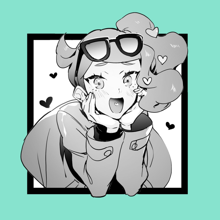 1girl, aqua_border, bangs, blush, breasts, eyewear_on_head, greyscale, hair_ornament