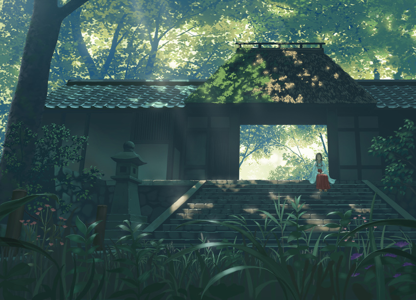 1girl, architecture, brown_hair, dappled_sunlight, doora_(dora0913), east_asian_architecture, flower, hakama