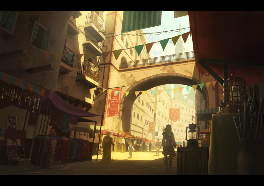 arabian_architecture, arch, awning, balcony, banner, bird, birdcage, blurry