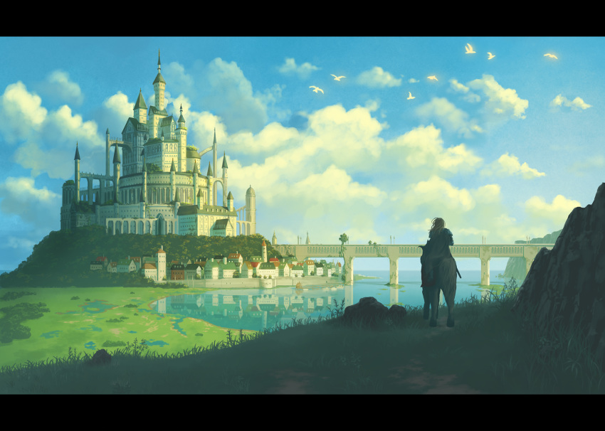 ambiguous_gender, animal, arch, armor, bird, blonde_hair, blue_sky, bridge