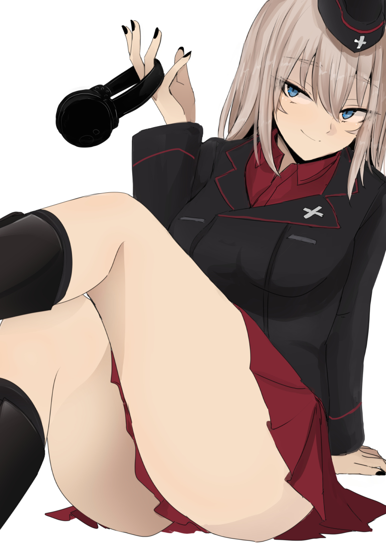 1girl, arm_support, bangs, black_footwear, black_headwear, black_jacket, black_legwear, black_nails