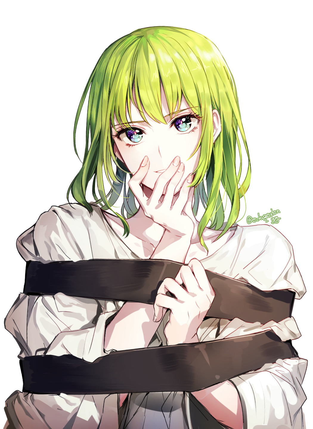 1boy, androgynous, aqua_eyes, bangs, covering_mouth, ede, enkidu_(fate/strange_fake), fate/grand_order