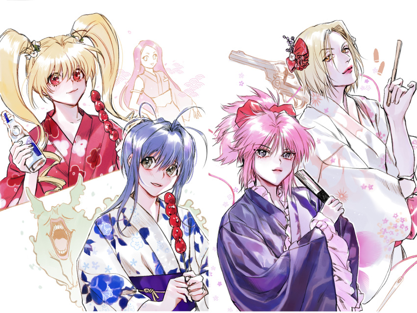 biscuit_krueger, blonde_hair, blue_eyes, blue_hair, fan, hair_ribbon, highres, hunter_x_hunter