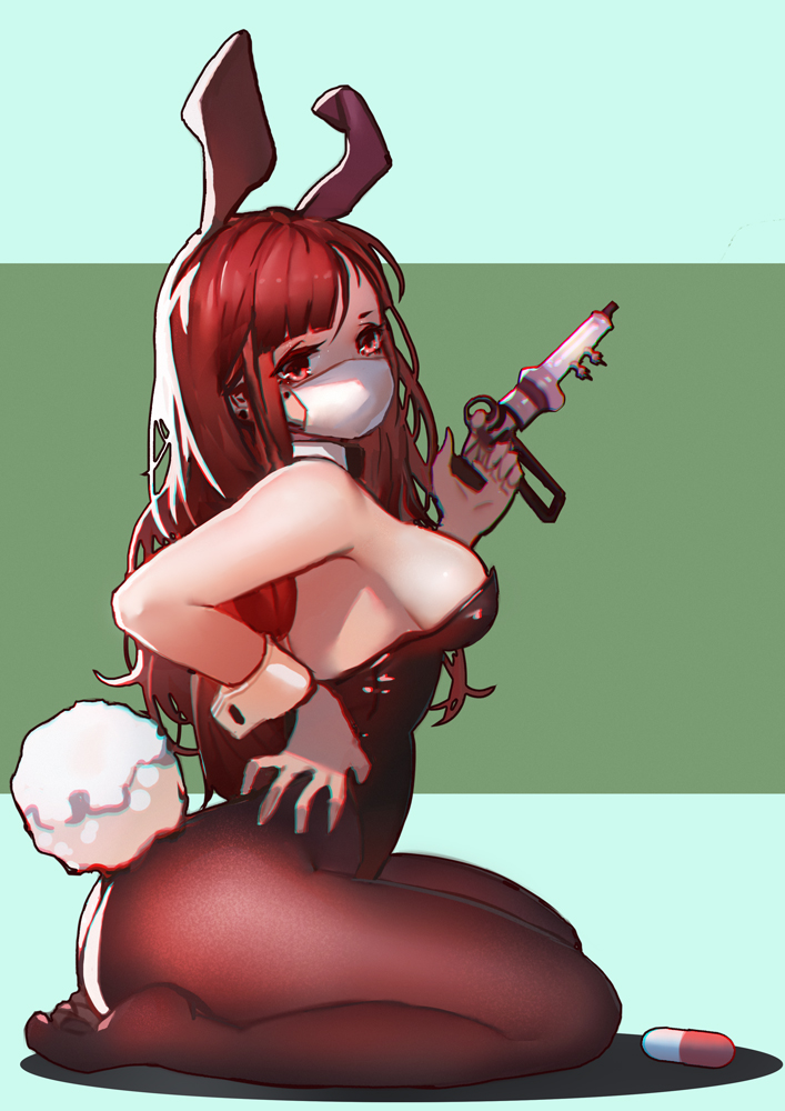 1girl, animal_ears, ass, bare_shoulders, black_legwear, black_leotard, breasts, bunny_ears