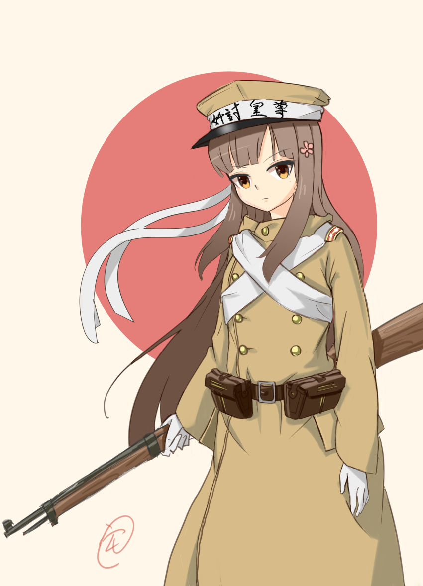 1girl, absurdres, arisaka, belt_pouch, bolt_action, brown_hair, chinese_commentary, commentary_request