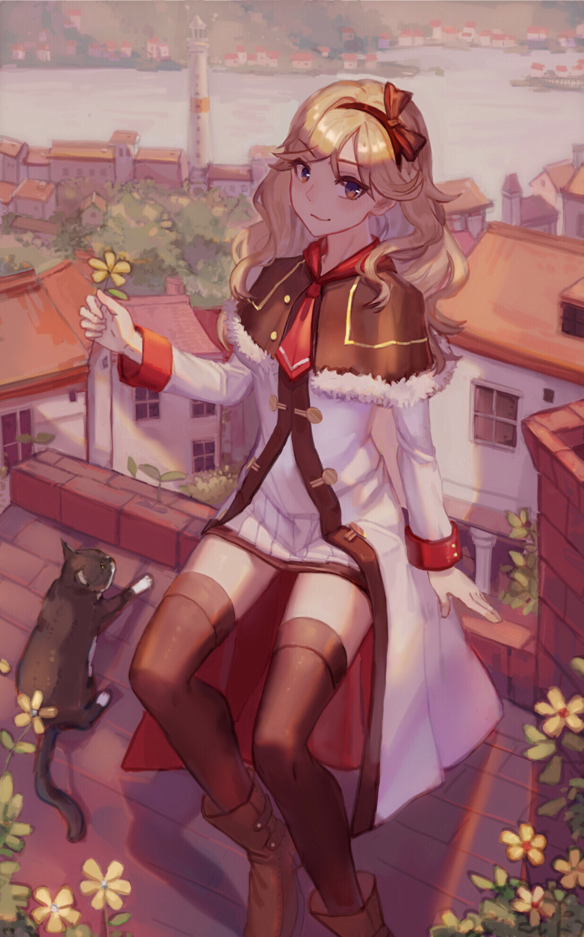 1girl, animal, azur_lane, bekko, boots, bow, cat, chimney