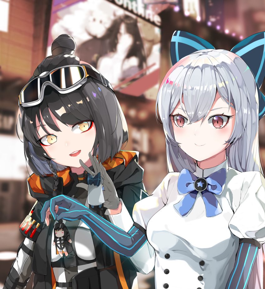 3girls, absurdres, armband, black_bow, black_gloves, blue_bow, blue_star, blue_stripes