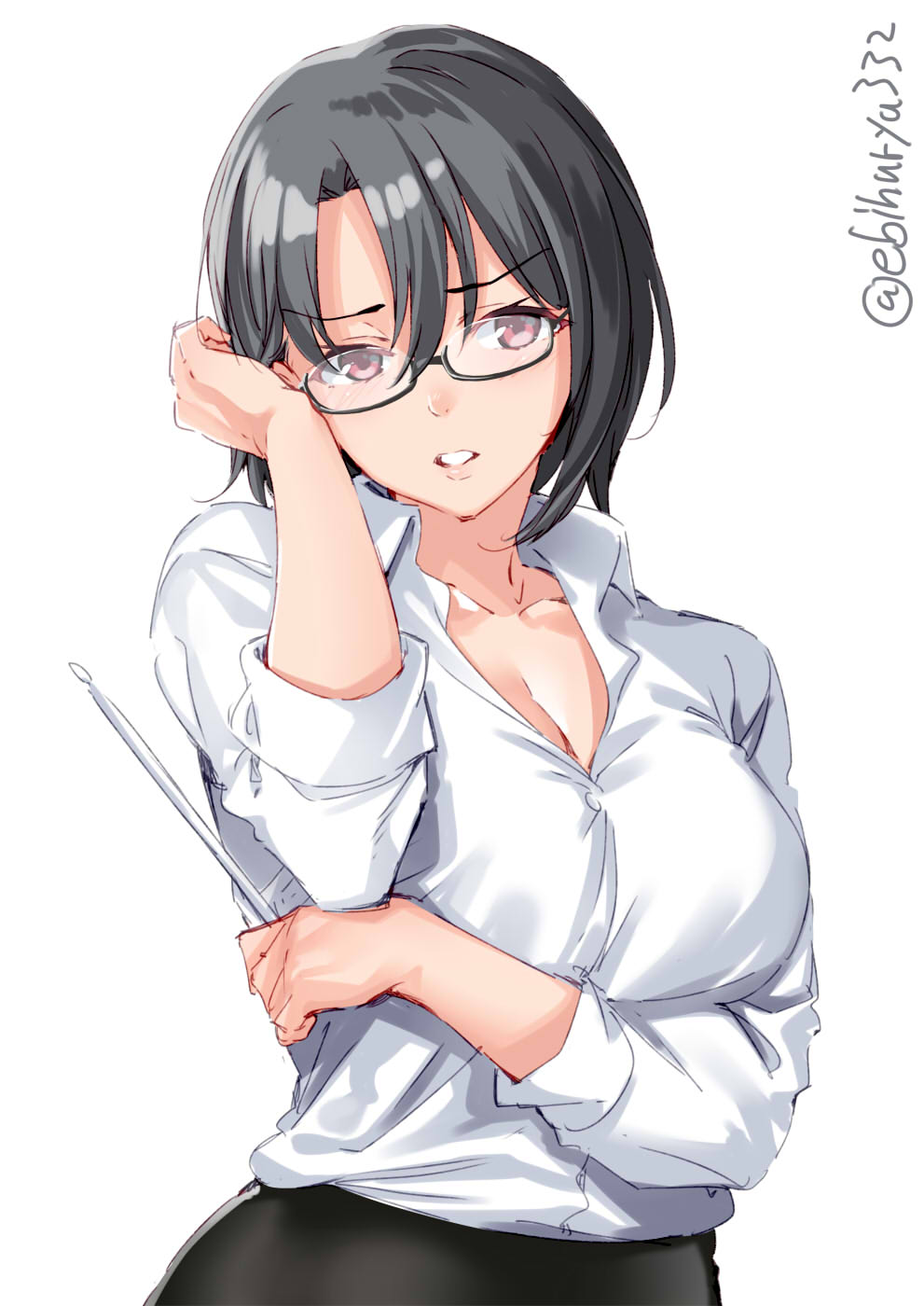 1girl, alternate_costume, black_hair, black_skirt, blush, ebifurya, eyebrows_visible_through_hair, glasses