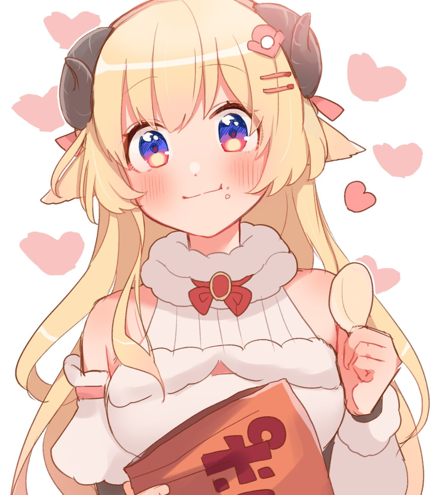 1girl, bag_of_chips, blonde_hair, blue_eyes, blush, chips, crumbs, eating