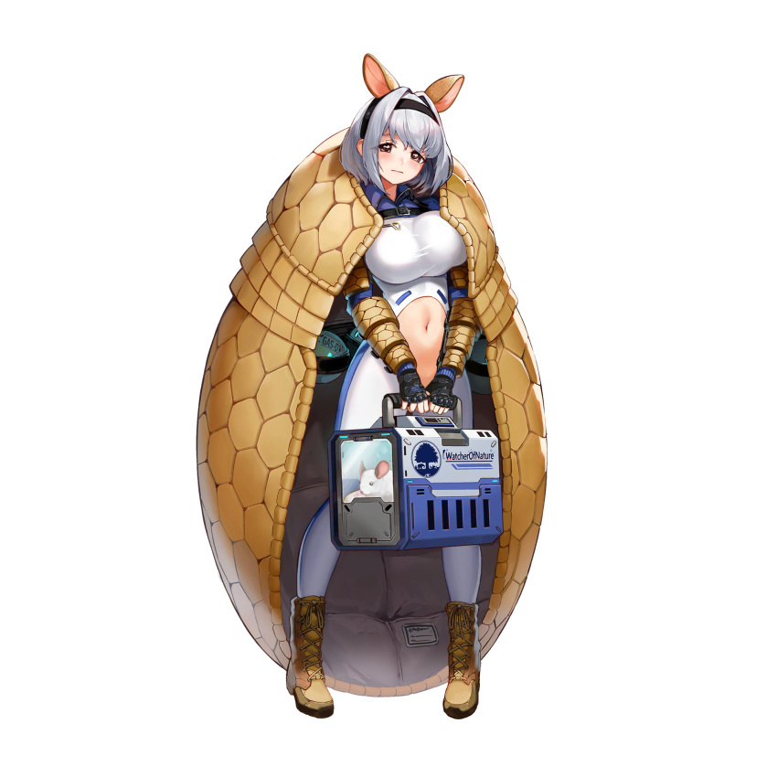 1girl, animal, armadillo_ears, bangs, blush, bodysuit, boots, breasts