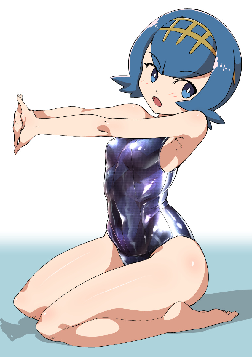 1girl, absurdres, barefoot, blue_swimsuit, blush, breasts, bright_pupils, highres