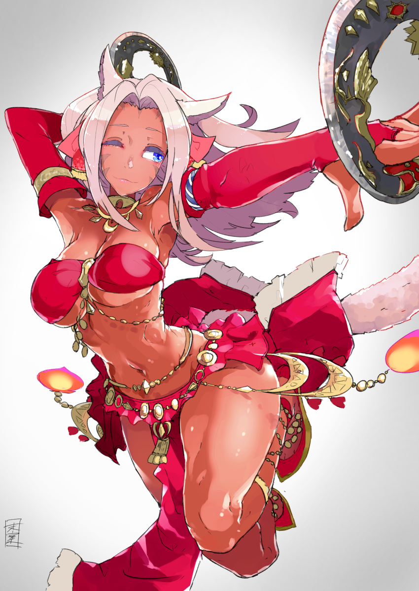 1girl, absurdres, animal_ears, bare_shoulders, blue_eyes, bridal_gauntlets, cat_ears, cat_tail