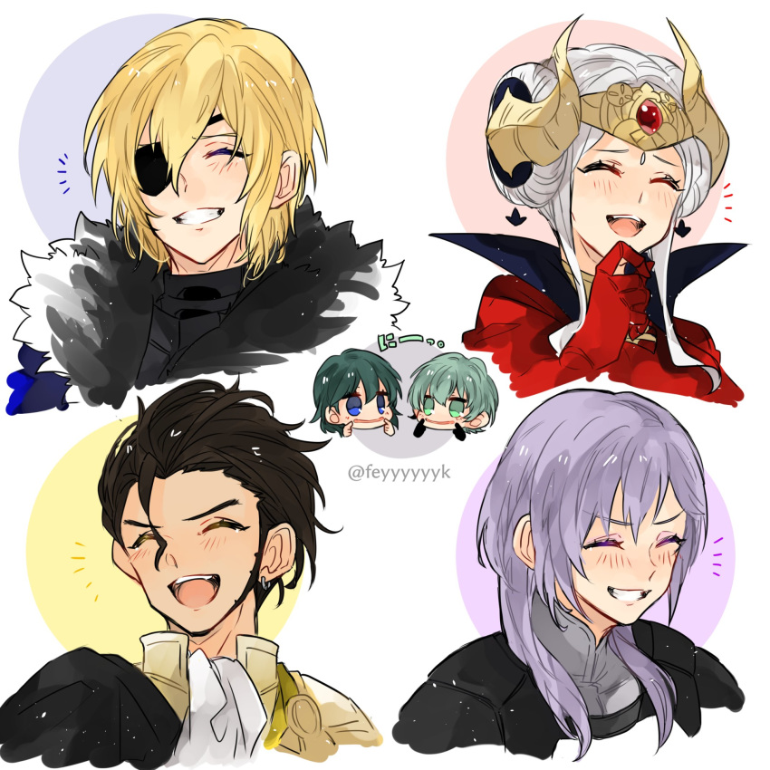 2girls, 4boys, blonde_hair, blue_eyes, blue_hair, brown_hair, byleth_(fire_emblem), byleth_eisner_(female)