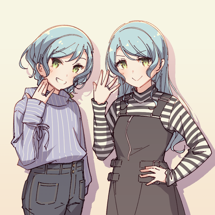 >:), 2girls, aqua_hair, ayasaka, bang_dream!, black_dress, blue_shirt, denim