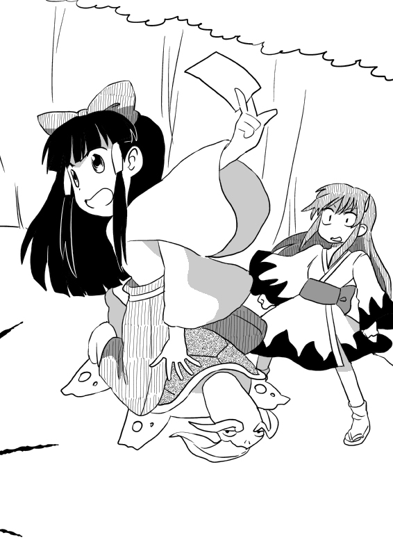 2girls, ?, bow, genjii, greyscale, hachi_(8bit_canvas), hair_bow, hair_down