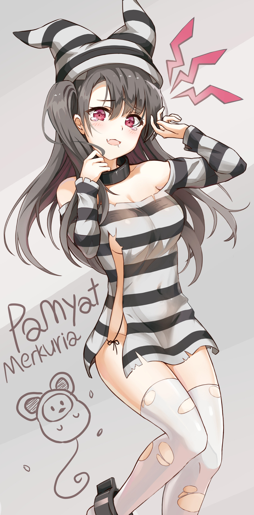 1girl, azur_lane, black_hair, blush, bneoul, breasts, cuffs, hat, highres, large_breasts, long_hair, long_sleeves, looking_at_viewer, open_mouth, pamiat_merkuria_(azur_lane), pamiat_merkuria_(caged_minx)_(azur_lane), prison_clothes, red_eyes, shirt, smile, solo, striped, thigh-highs, torn_clothes, torn_legwear, underwear, white_legwear
