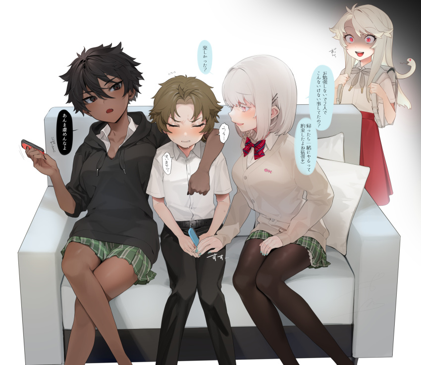 1boy, 3girls, absurdres, albino, arm_around_shoulder, backpack, bag, belt