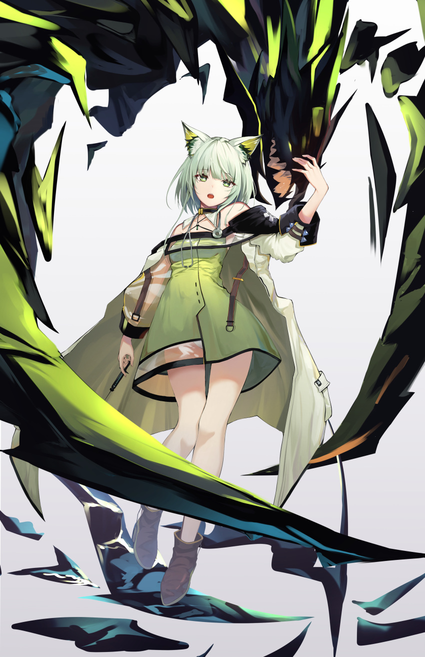 1girl, absurdres, animal_ear_fluff, arknights, arm_up, bangs, bare_shoulders, boots