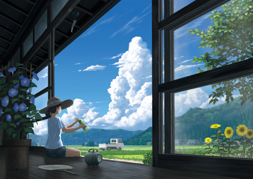 1girl, black_hair, bottle, clouds, day, denim, denim_shorts, doora_(dora0913)
